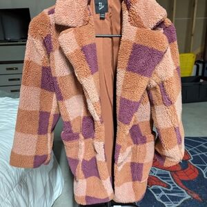 Art Class Plaid Teddy Jacket in Purple and Tan